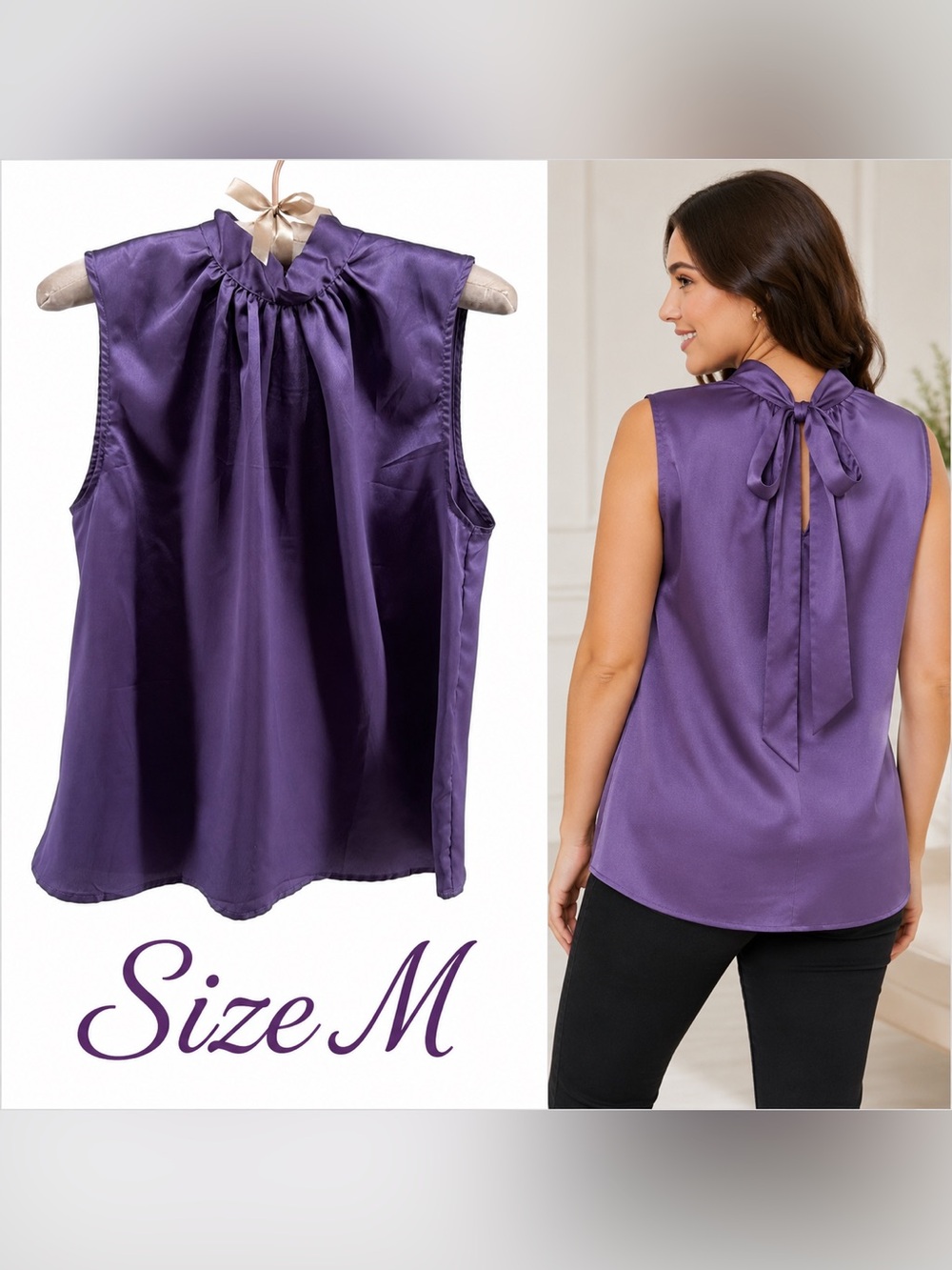 Women’s Size M Purple Satin Sleeveless Blouse Tie Neck Bow Keyhole Back Top